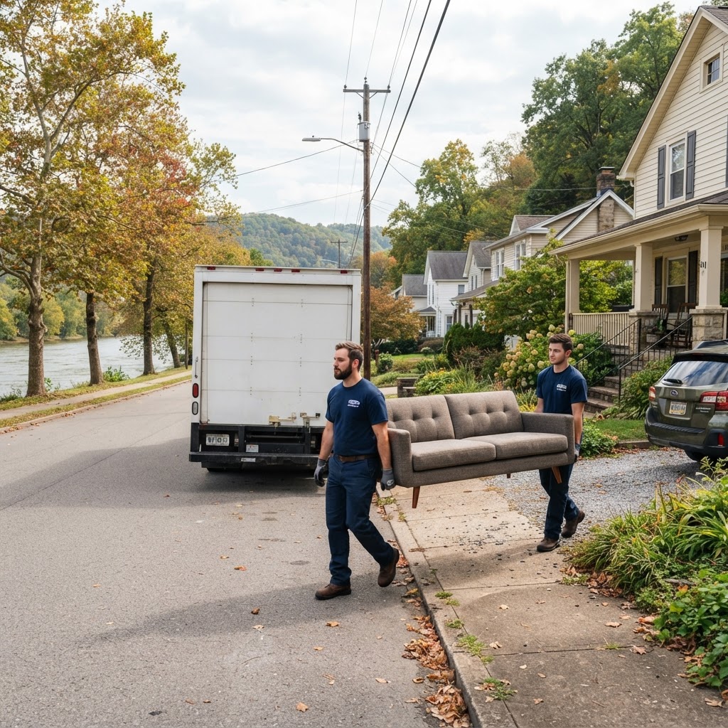 Professional movers loading a truck in a scenic Falling Waters residential area.