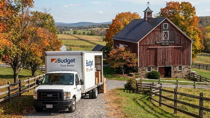 Moving truck at a rural farmhouse in Leitersburg, Maryland