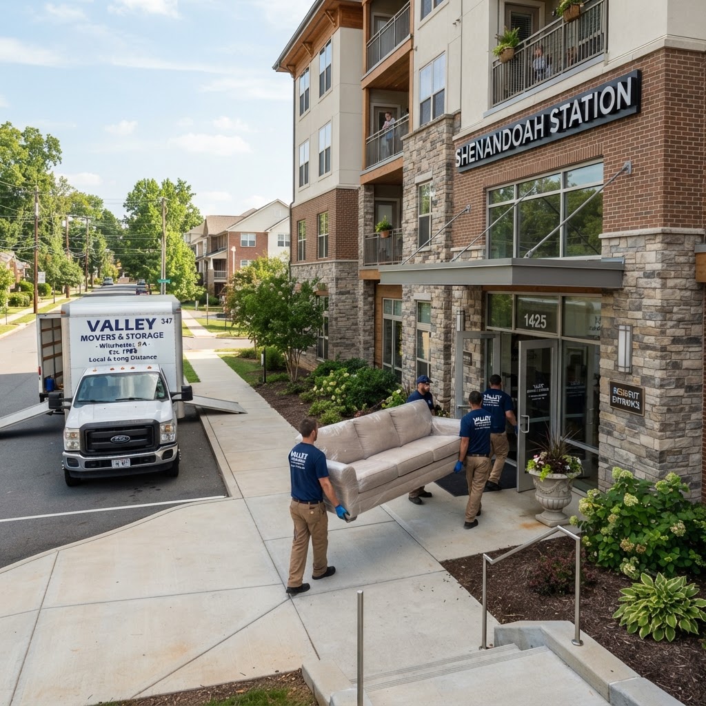 Professional movers loading furniture into an apartment building in Winchester, VA