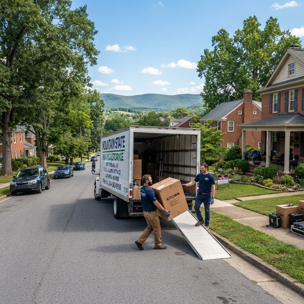 Professional movers loading a truck in a residential area of Martinsburg, West Virginia.