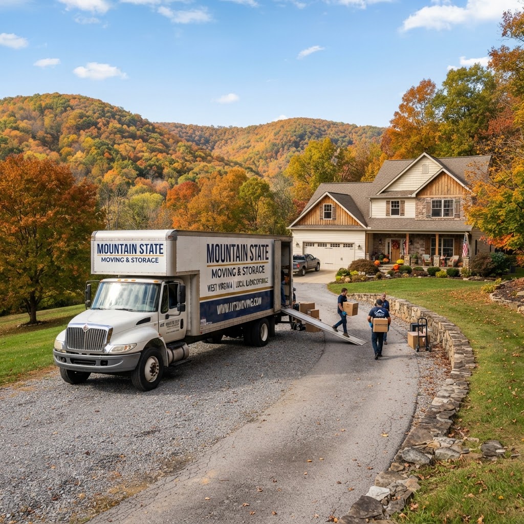 A professional F & P Transport moving truck parked at a home in Kearneysville, WV