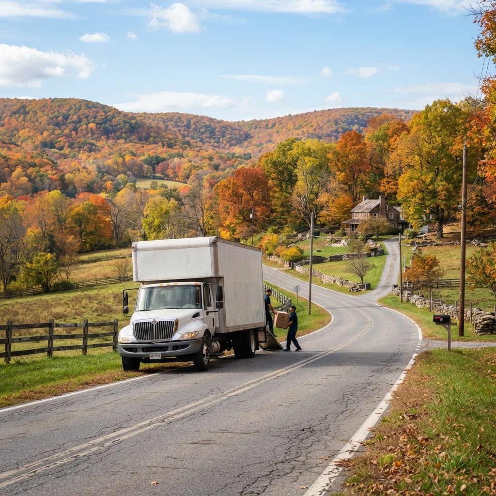 A F & P Transport moving truck parked in rural Smithsburg, MD