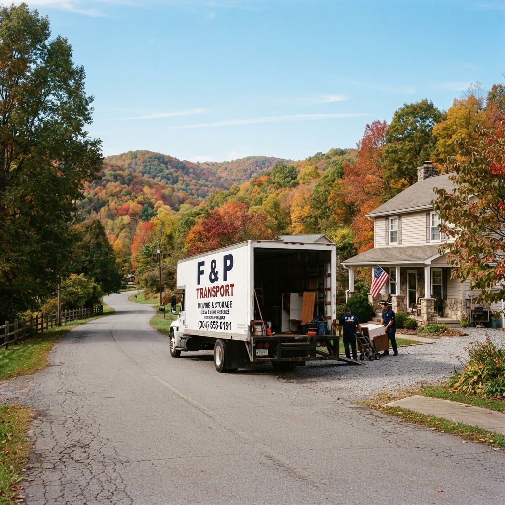 F & P Transport moving truck parked on a country road in Bedington, WV.