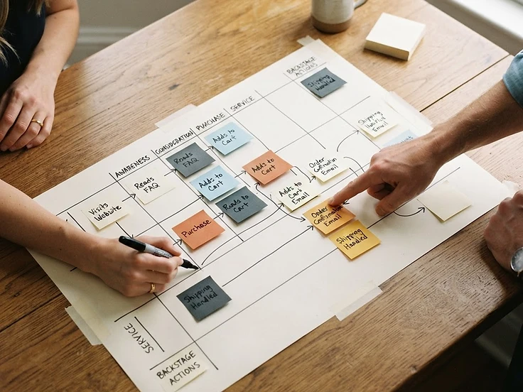 Business owners mapping a customer and operational workflow during a working session.