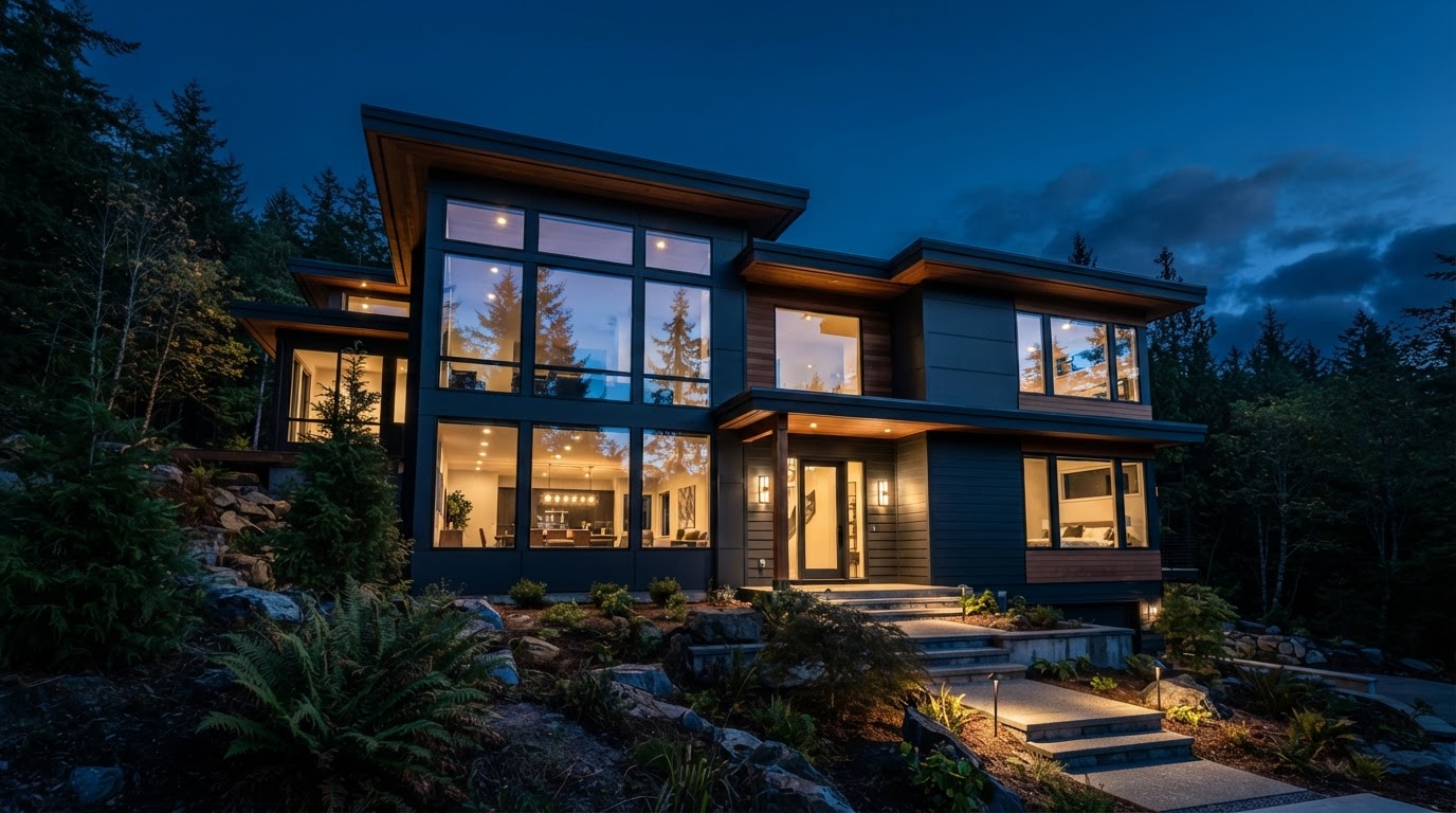 Modern Pacific Northwest home at blue hour