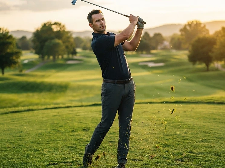 A golfer in a committed follow-through after a struck iron shot.