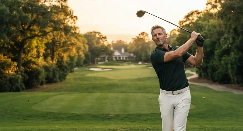 A confident golfer watching a successful drive down a sunlit fairway.