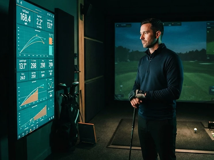A golfer studying shot metrics on a simulator data screen.