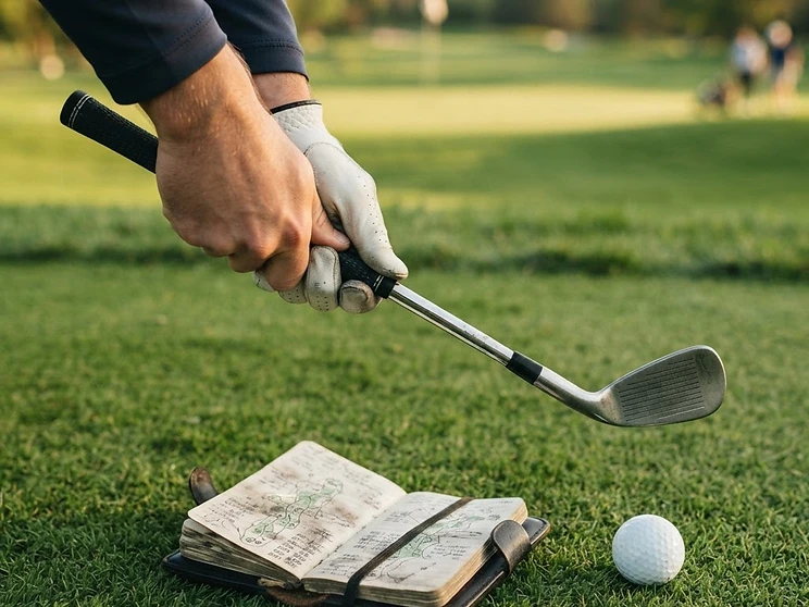 Close-up of a golfer's gloved hands gripping an iron over a yardage book and ball.