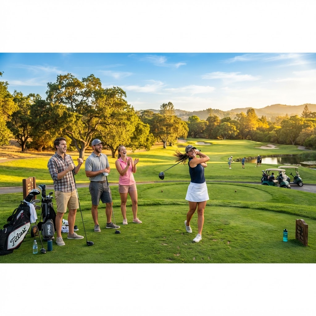 Friends playing golf together on a sunny course