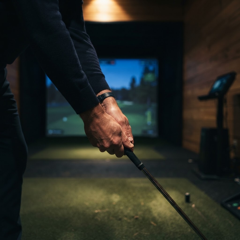 An adult golfer in focused pre-shot concentration inside a dark, premium golf simulator.
