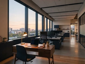 A quiet office at dawn with one warm desk lamp glowing on a tidy desk