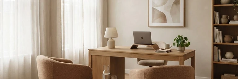 A quiet consultation office with two chairs and a tidy desk in soft daylight