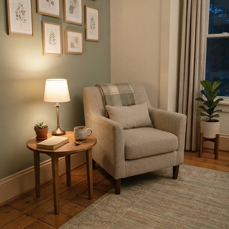 A quiet office corner with a comfortable chair and warm lamp light