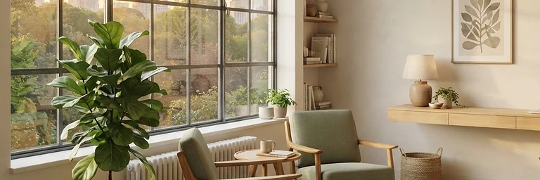 A calm office corner with a plant in warm first light beside a window