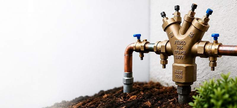 Brass backflow prevention assembly mounted on pipes
