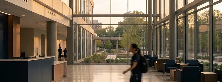 Modern hospital lobby with architectural glass