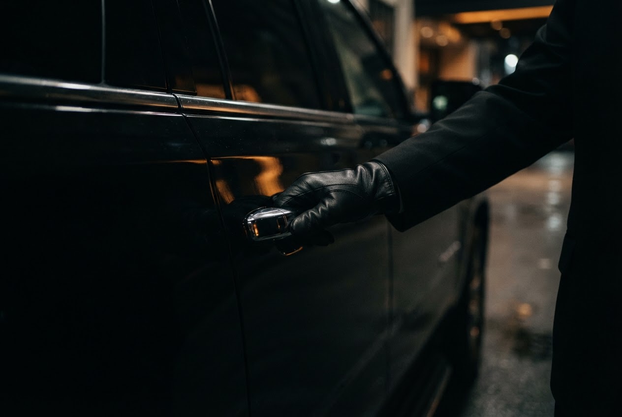 Chauffeur's gloved hand opening the polished door