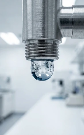 Macro shot of a water droplet suspended from a brushed chrome pipe, reflecting a sterile environment