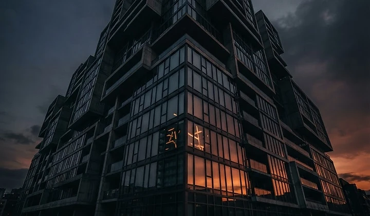 Low-angle view of a modern concrete and glass property at dusk