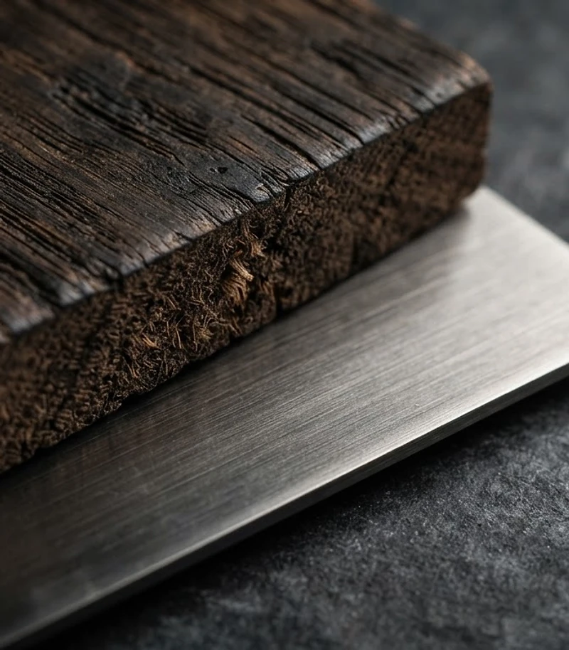 Macro texture of brushed steel and dark oak