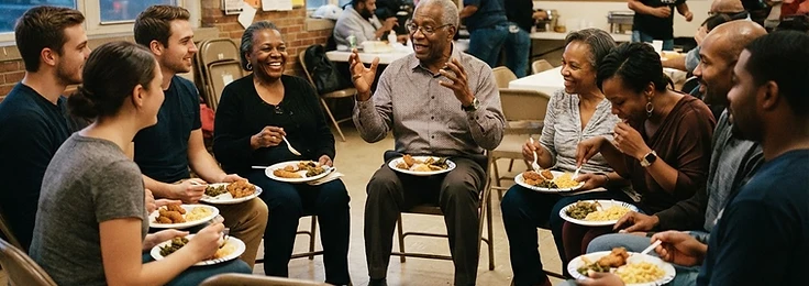 Residents in conversation at a community gathering