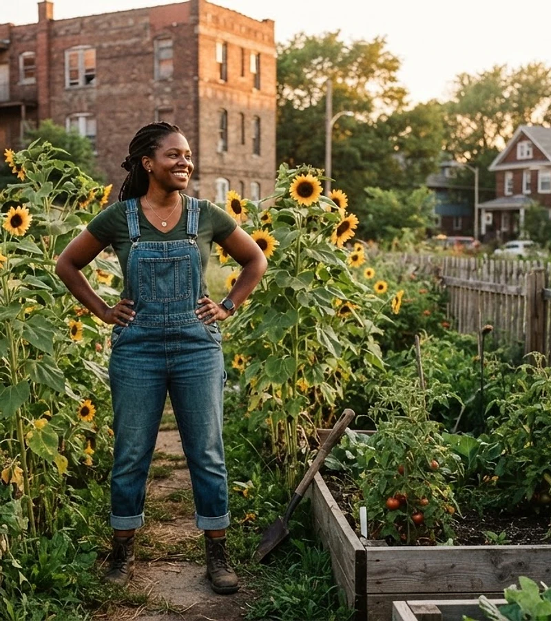 A Detroit resident standing in a community garden at golden hour