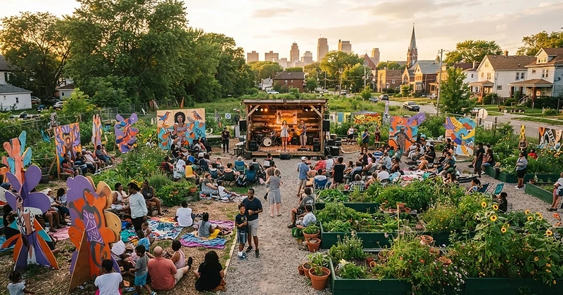 The same lot transformed into a vibrant art and sound park