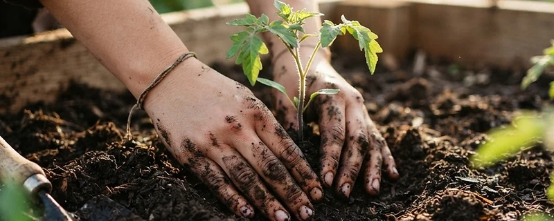 Hands pressing a seedling into garden soil