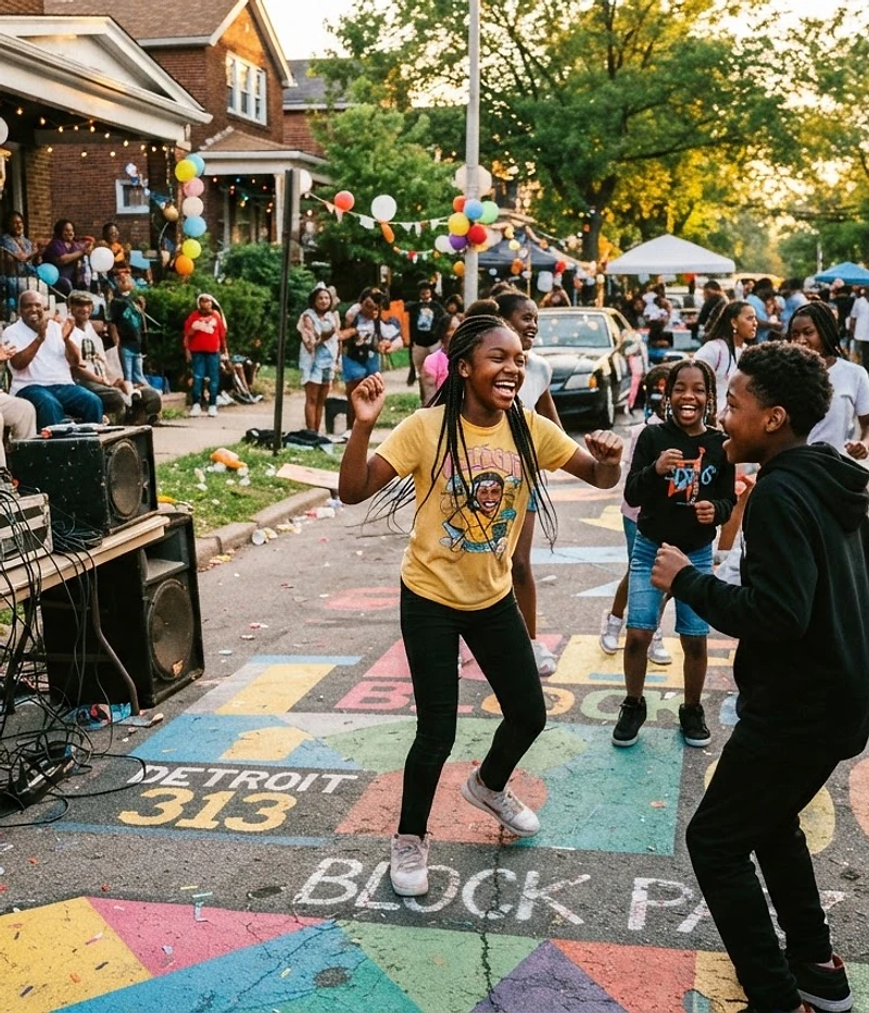 Neighbors gathered at an outdoor block party in Detroit