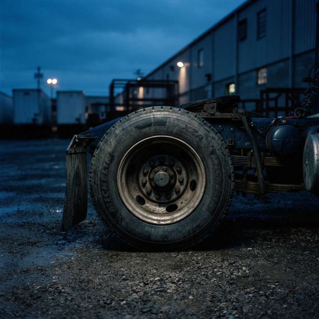 A single commercial truck tire mounted on a semi-truck in an industrial yard