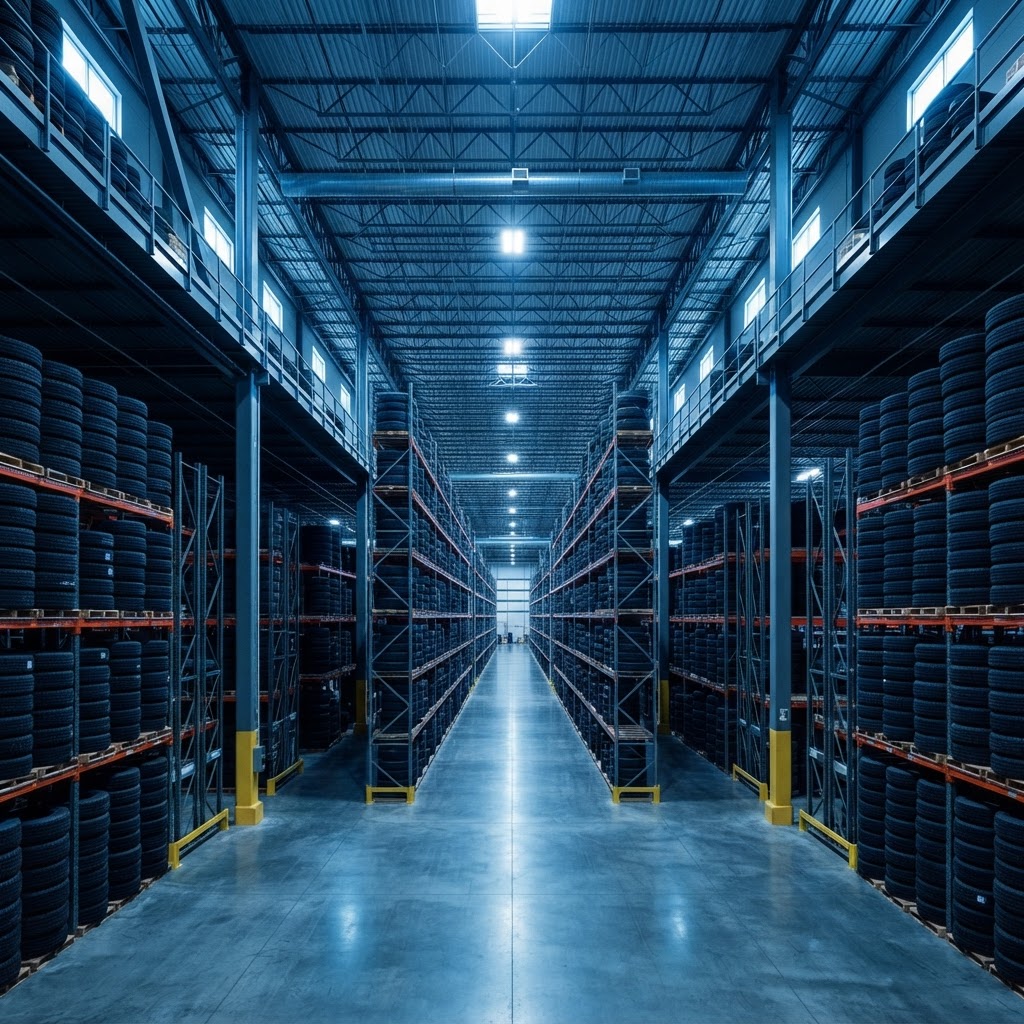 Commercial truck tires stacked in a large distribution warehouse with freight movement