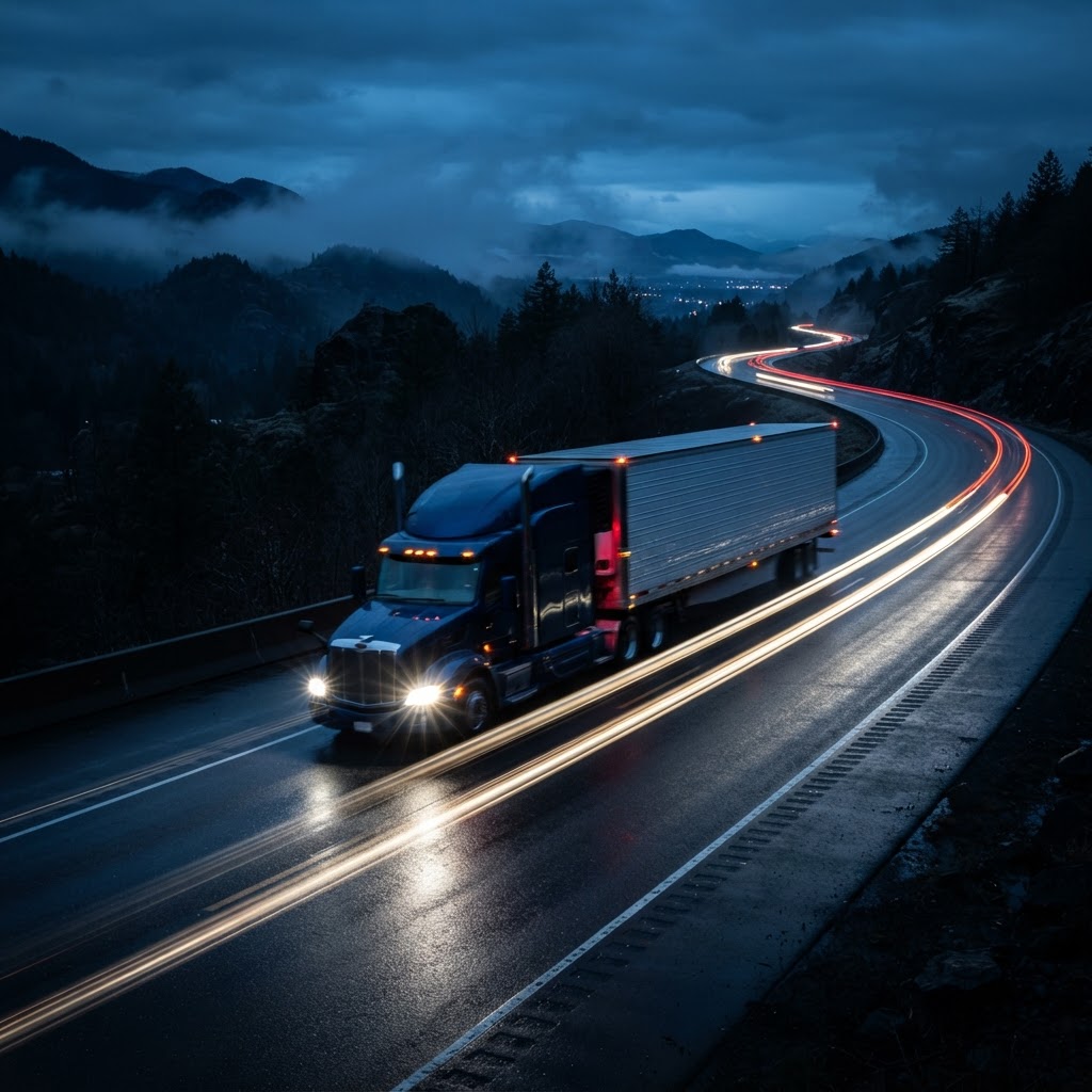 Low-angle shot of a modern semi-truck hauling at speed on a dark American highway at blue hour