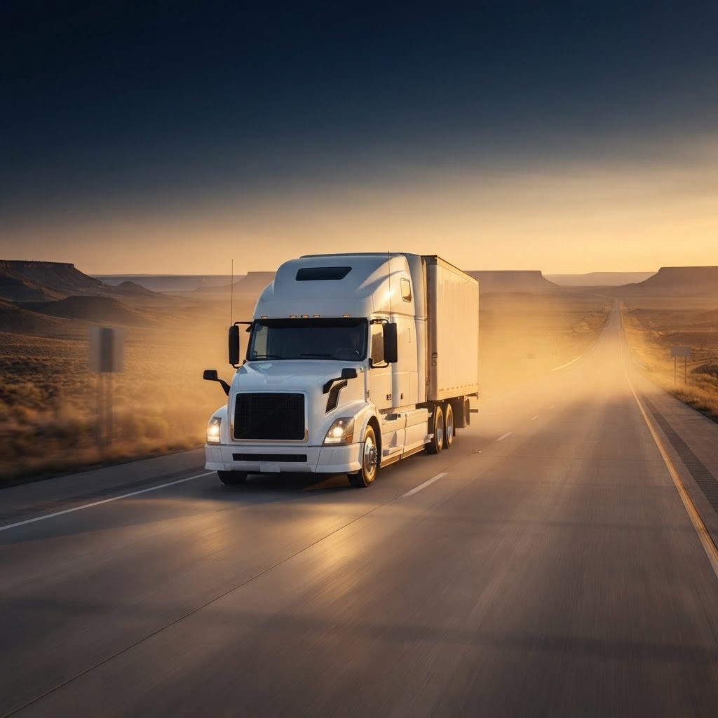 A modern semi-truck traveling on an open American highway at dawn