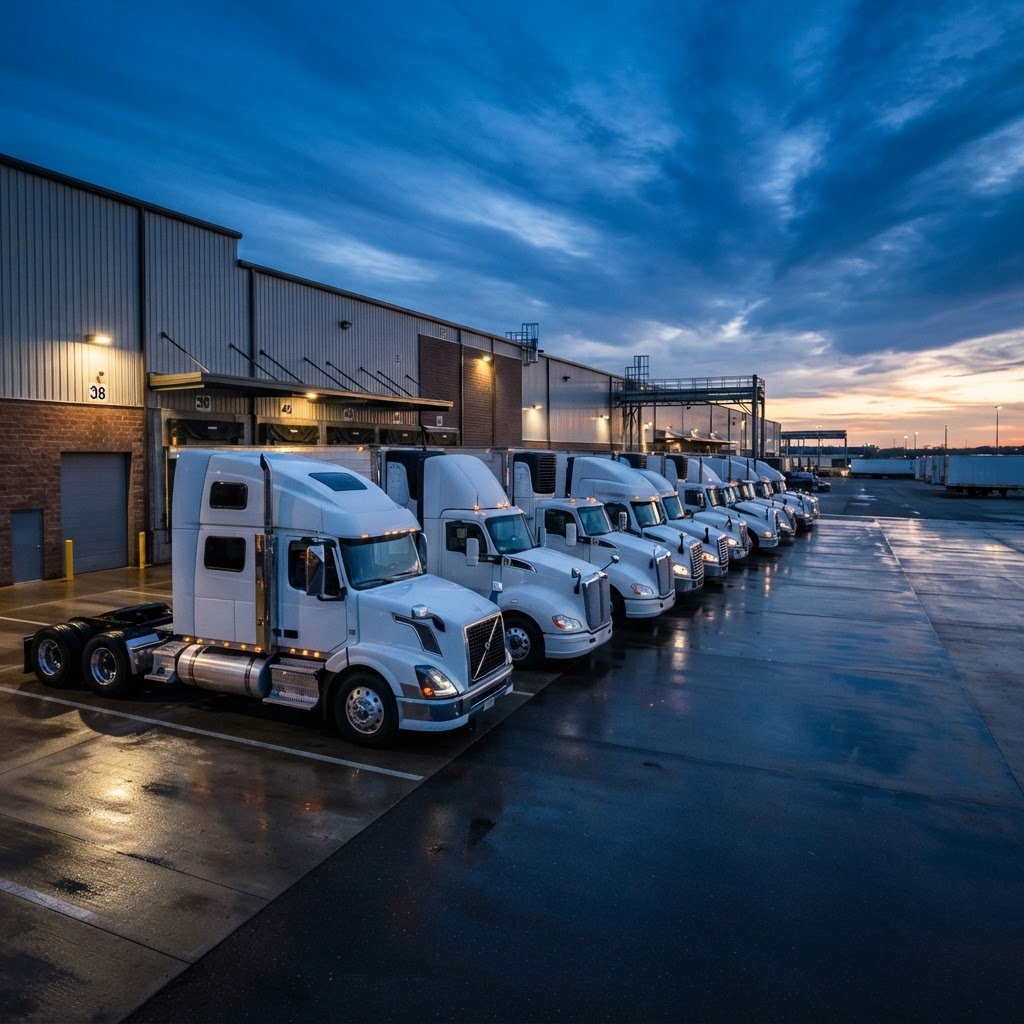 Commercial truck fleet on a highway at dusk