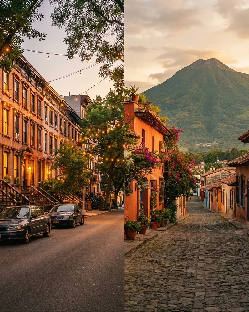 A U.S. city street at golden hour blending into a Guatemalan cobblestone street with an adobe house