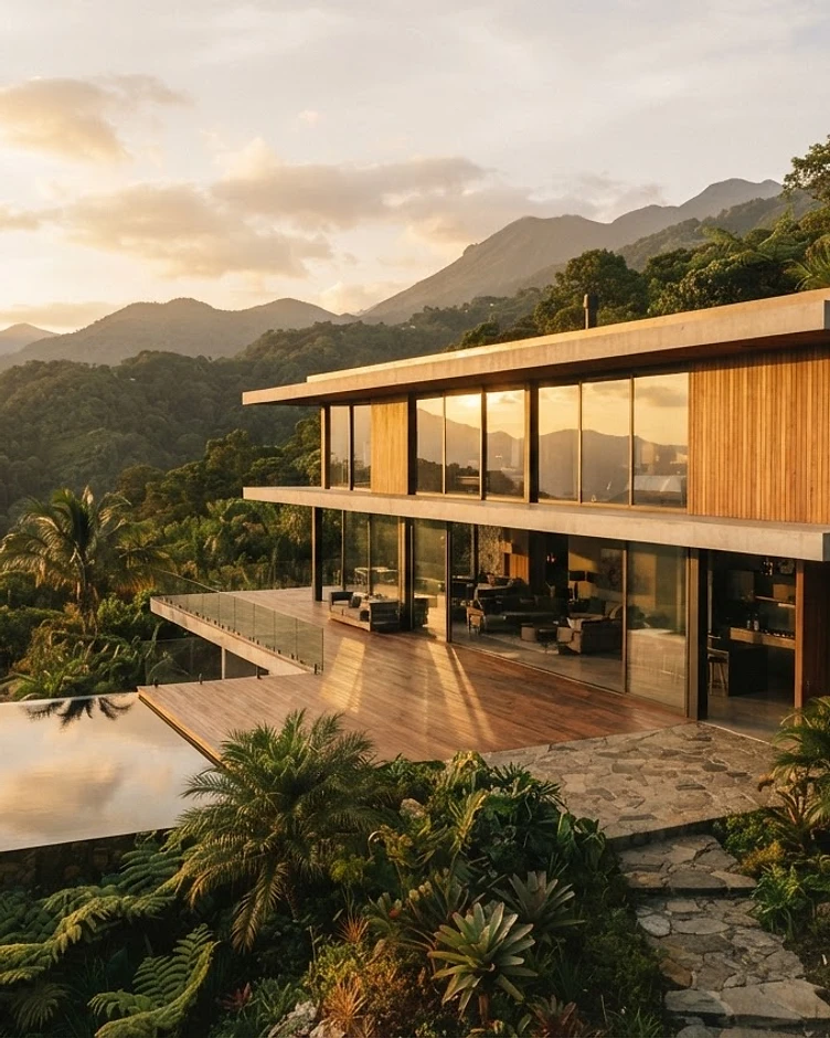Modern home in the mountains of Guatemala at golden hour