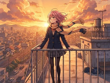 Key visual de anime ao pôr do sol