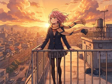 Key visual de anime ao pôr do sol