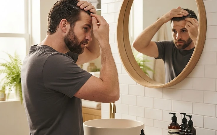 Man applying a daily scalp routine in a modern bathroom mirror