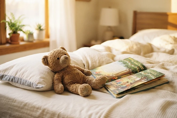 A child's comfort bear and story book in soft morning light