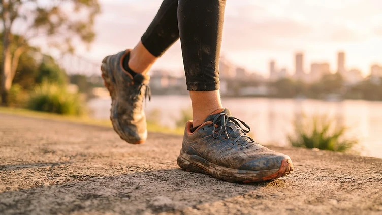 Running shoes on a sunlit Brisbane path at sunrise