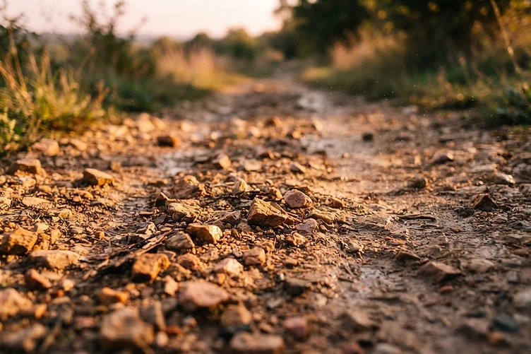 Textured gravel running path in warm sunlight