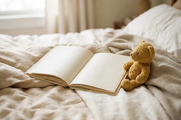 An open children's book with a comfort bear in soft light