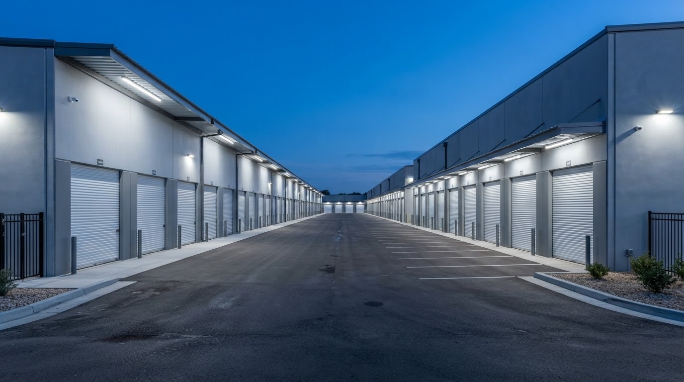 Modern self-storage facility with rows of clean roll-up doors
