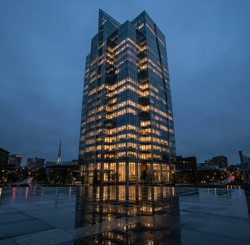 Modern glass skyscraper in Tacoma at twilight, blue hour