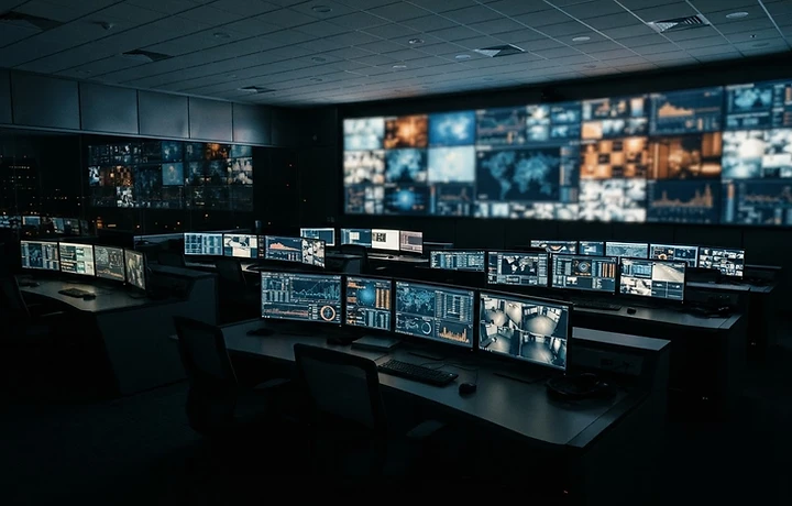 Security operations control room at night with monitoring screens