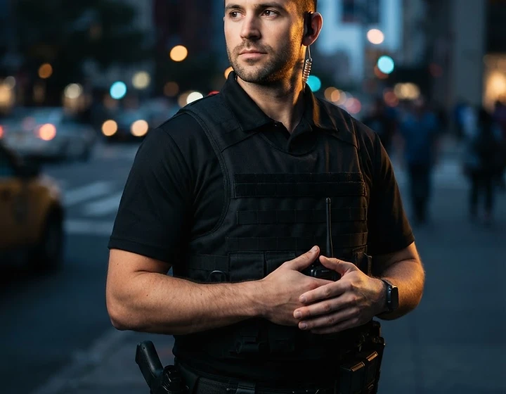 Professional security officer in black uniform
