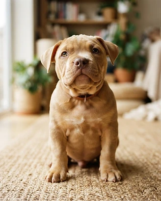 Fawn American Bully puppy named Fiona, female