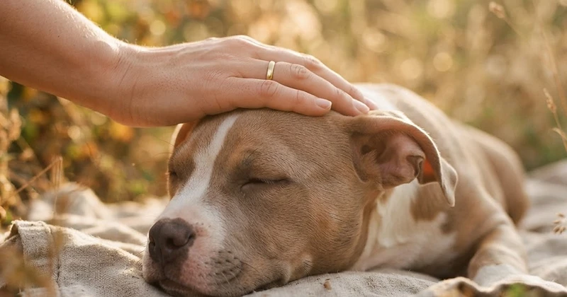 A human hand gently resting on an American Bully puppy's head, symbolizing the nurturing bond